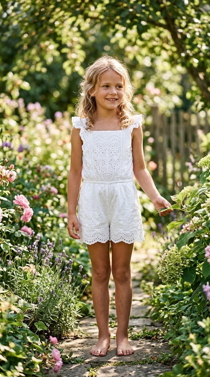 A young girl wearing a white cotton playsuit with ruffle straps stands in a sunlit garden surrounded by green plants and flowers.