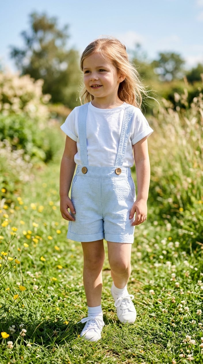 A young girl standing outdoors wearing seersucker suspender shorts with wooden buttons and a white blouse on a sunny summer day.