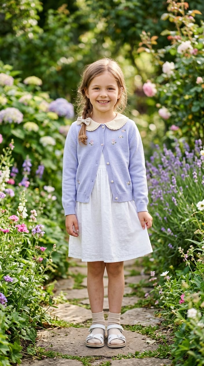 A young girl wearing a pastel cardigan with a Peter Pan collar standing outdoors surrounded by greenery.