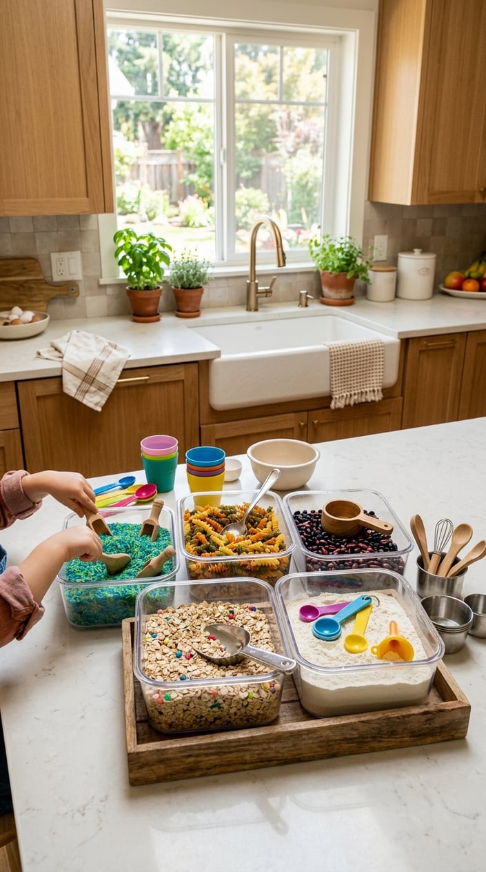 17 Sensory Bin Ideas That Use Stuff Already in Your Kitchen 2 Kitchen countertop with clear containers filled with rice, pasta, beans, and oats arranged for sensory play using kitchen items.