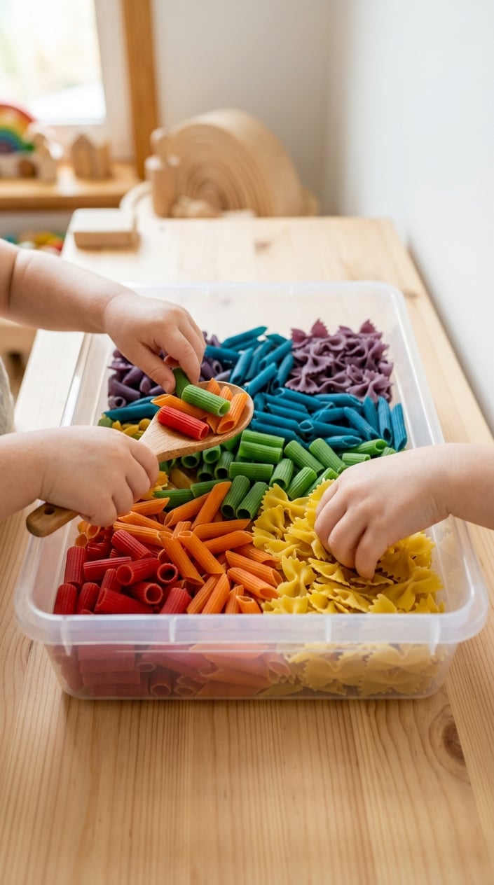 17 Sensory Bin Ideas That Use Stuff Already in Your Kitchen 3 Hands scooping and sorting colorful dry pasta shapes arranged in a rainbow pattern inside a sensory bin on a wooden surface.