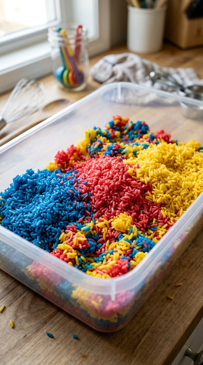 17 Sensory Bin Ideas That Use Stuff Already in Your Kitchen 4 Close-up of cooked rice dyed with bright food coloring in a clear container on a kitchen countertop.