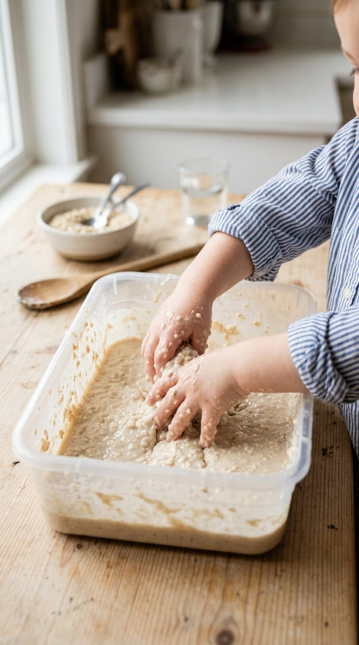 17 Sensory Bin Ideas That Use Stuff Already in Your Kitchen 5 Child's hands playing with a sensory bin filled with oatmeal goo made from oats and water on a wooden table in a kitchen.