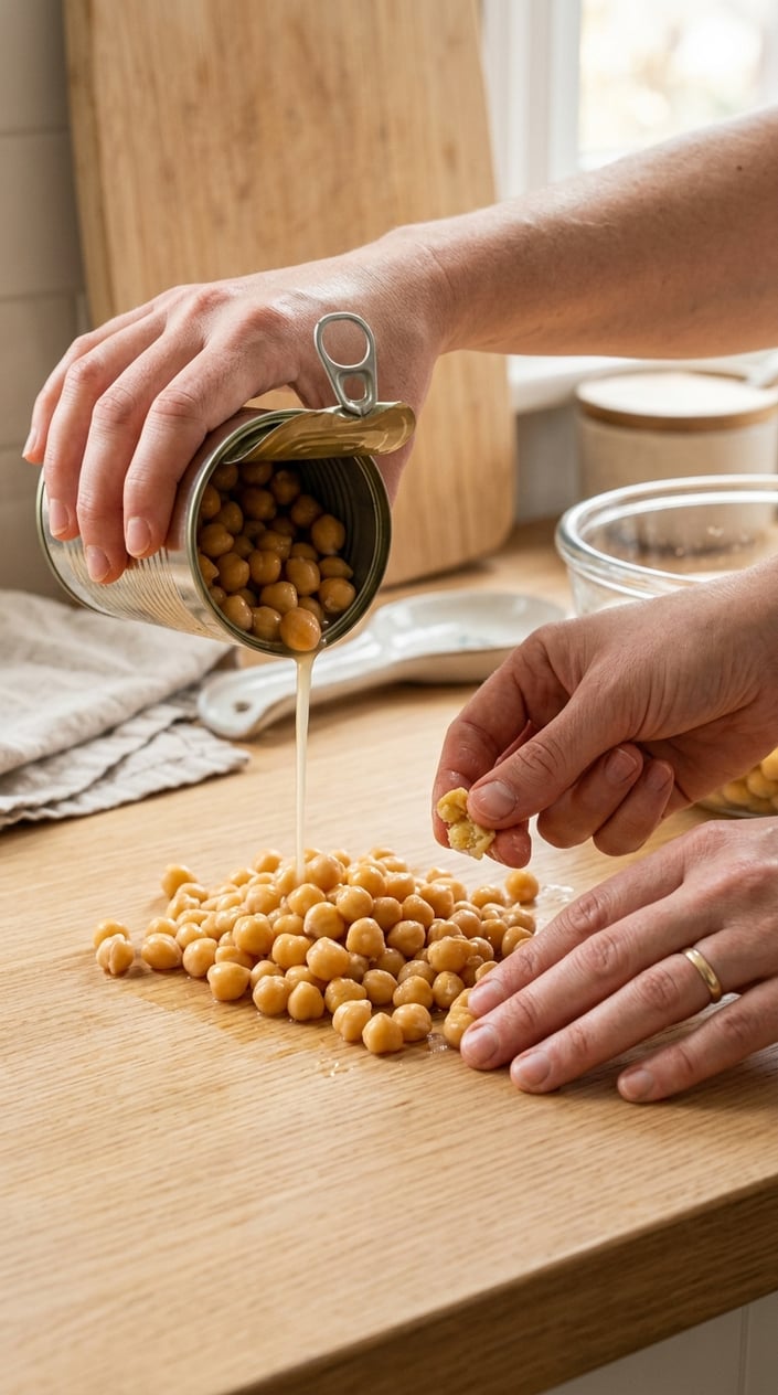 17 Sensory Bin Ideas That Use Stuff Already in Your Kitchen 6 Hands pouring canned chickpeas onto a kitchen counter, counting and squishing them.