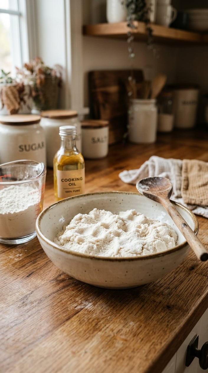17 Sensory Bin Ideas That Use Stuff Already in Your Kitchen 7 A bowl of soft, moldable flour moon dough on a kitchen counter with flour, cooking oil, and a wooden spoon nearby.