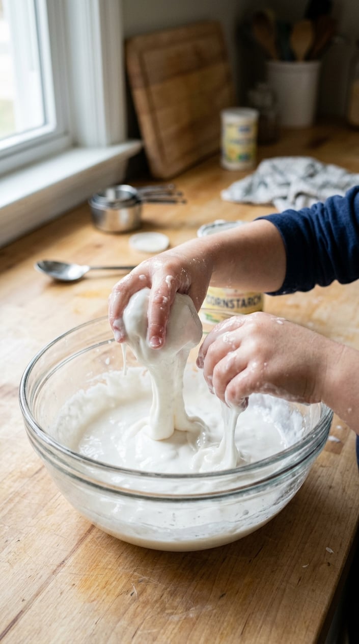17 Sensory Bin Ideas That Use Stuff Already in Your Kitchen 8 Child's hands squishing a white, gooey cornstarch and water mixture in a glass bowl on a kitchen counter.