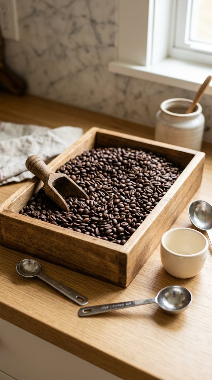 17 Sensory Bin Ideas That Use Stuff Already in Your Kitchen 9 A sensory bin filled with dark coffee beans with small scoops on a kitchen countertop.
