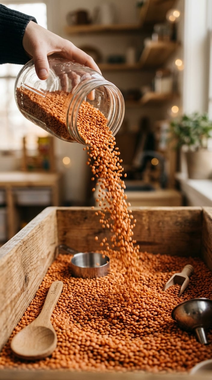 17 Sensory Bin Ideas That Use Stuff Already in Your Kitchen 10 Close-up of uncooked lentils being poured from a glass jar into a wooden sensory bin with small kitchen utensils nearby.