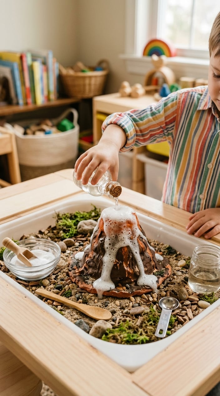17 Sensory Bin Ideas That Use Stuff Already in Your Kitchen 11 A child's hand pouring vinegar into a small volcano model in a sensory bin filled with sand and moss, causing a foamy eruption.