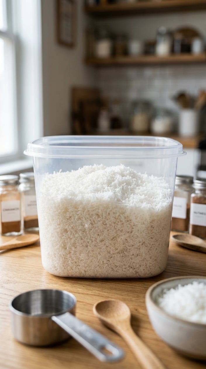 17 Sensory Bin Ideas That Use Stuff Already in Your Kitchen 12 Close-up of a clear container filled with fluffy white shredded coconut resembling snow, surrounded by kitchen utensils and jars.