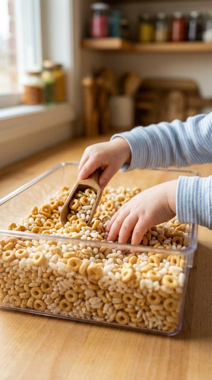 17 Sensory Bin Ideas That Use Stuff Already in Your Kitchen 13 A clear sensory bin filled with a mix of Cheerios and Rice Krispies cereal, with a child's hands sorting the cereal on a wooden surface.