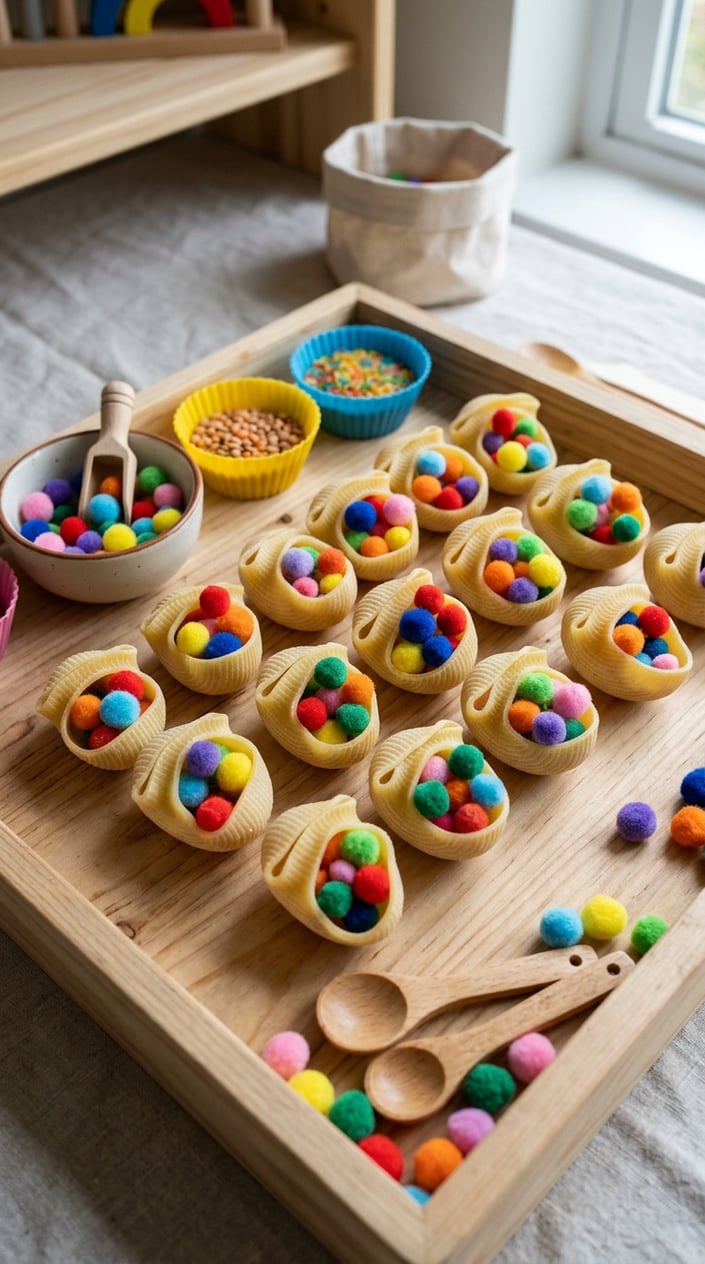 17 Sensory Bin Ideas That Use Stuff Already in Your Kitchen 14 Close-up of large pasta shells filled with colorful pom-poms arranged on a wooden surface with sensory play materials nearby.