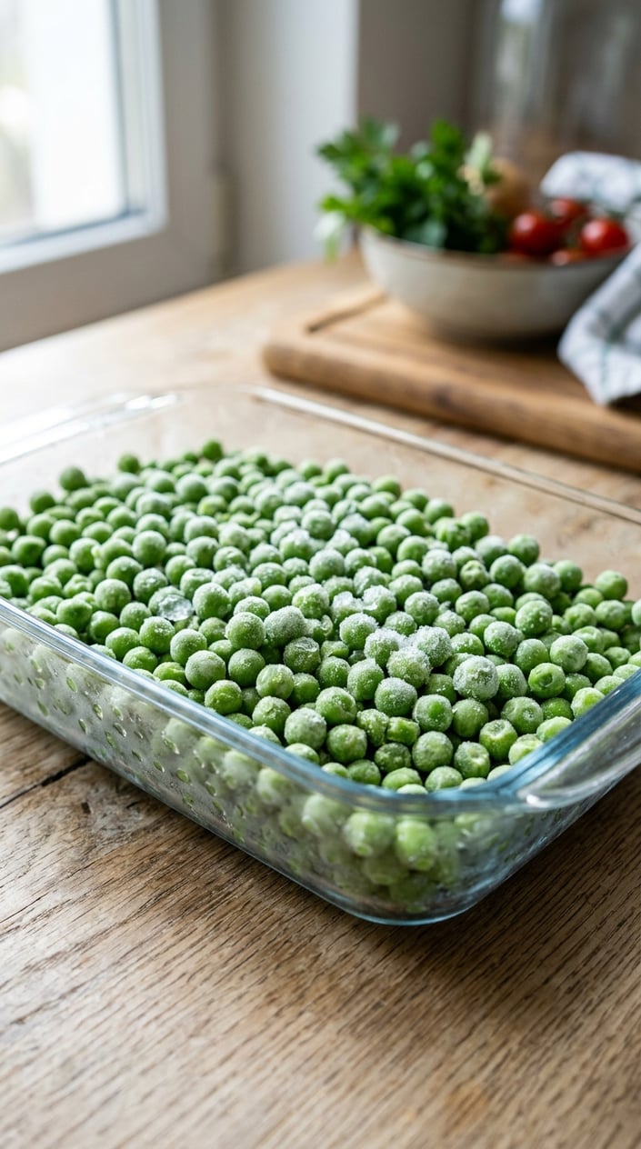 17 Sensory Bin Ideas That Use Stuff Already in Your Kitchen 15 A shallow tray filled with frozen green peas on a wooden surface in a kitchen setting.