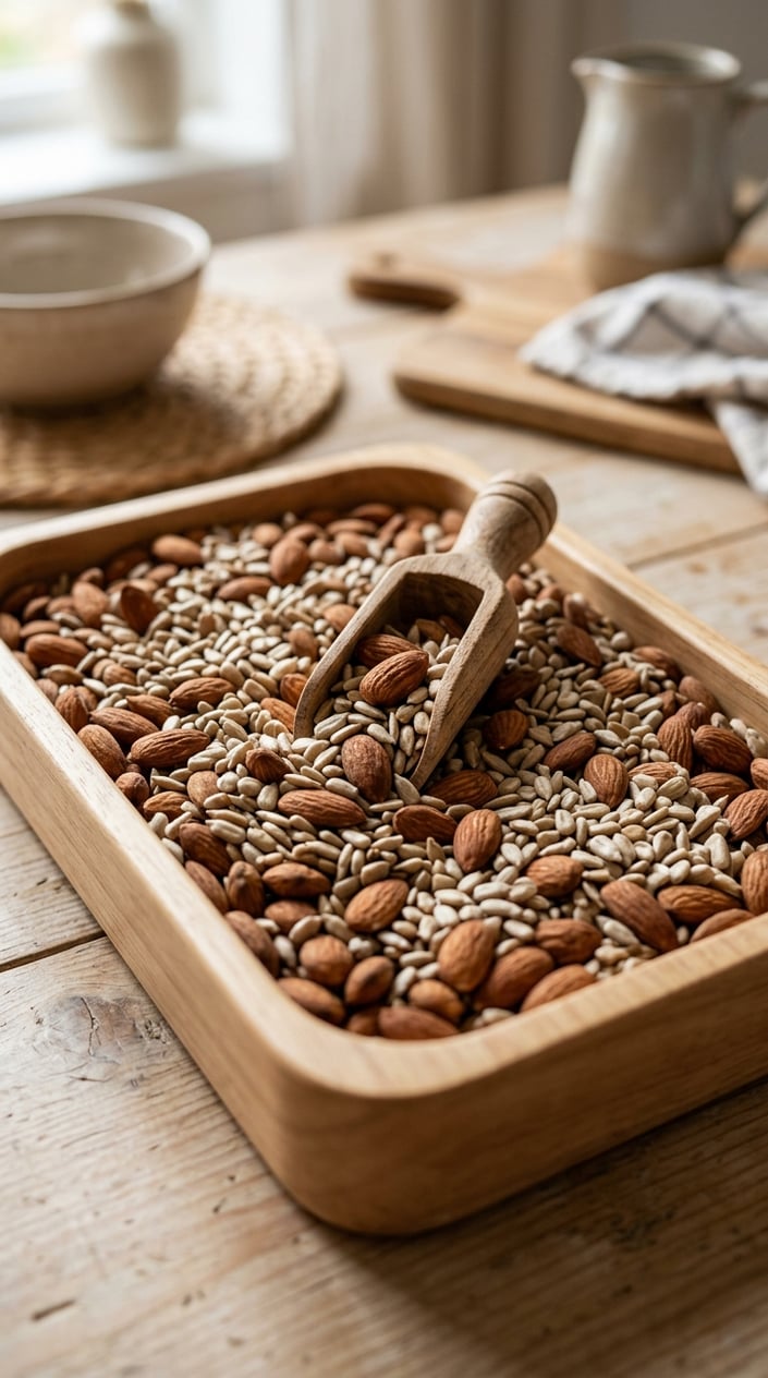 17 Sensory Bin Ideas That Use Stuff Already in Your Kitchen 16 A sensory bin filled with almonds and shelled sunflower seeds with a wooden scoop inside, set on a wooden table in a kitchen.