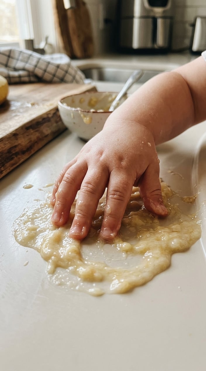 17 Sensory Bin Ideas That Use Stuff Already in Your Kitchen 17 Child's hand playing with thinly spread mashed banana on a surface for sensory finger play.