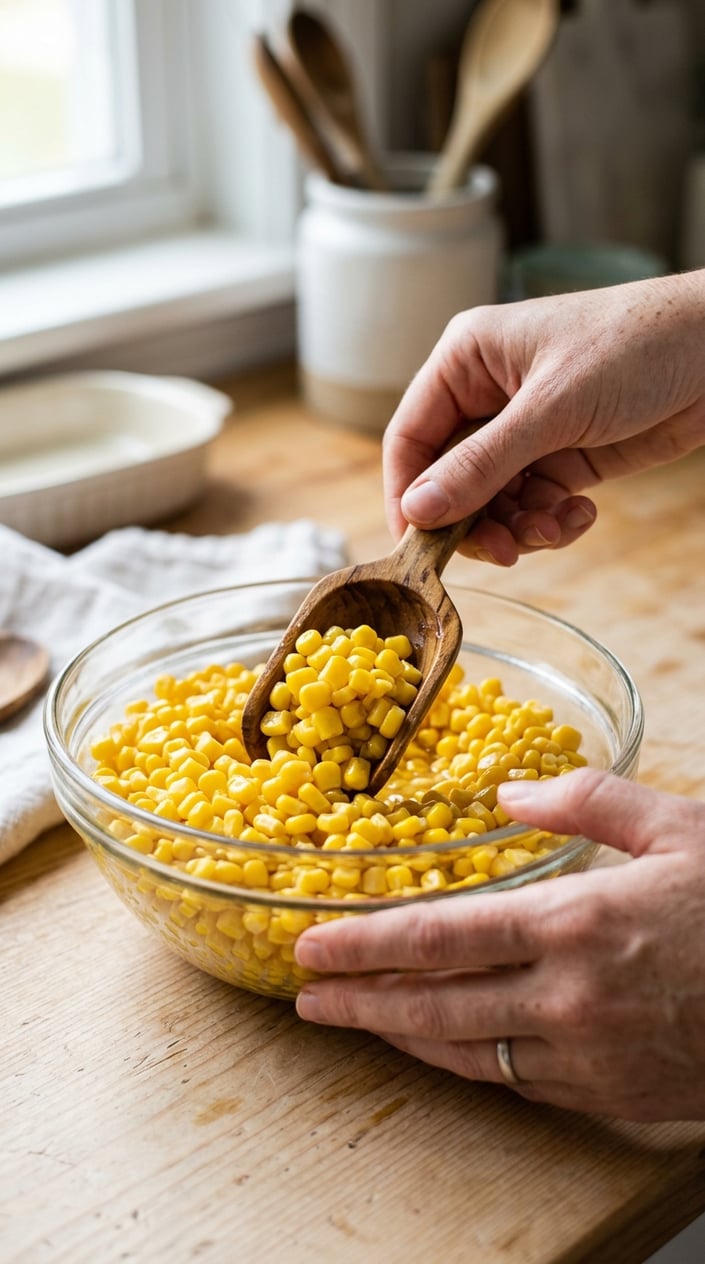 17 Sensory Bin Ideas That Use Stuff Already in Your Kitchen 18 A hand scooping bright yellow canned corn kernels from a glass bowl on a kitchen countertop.
