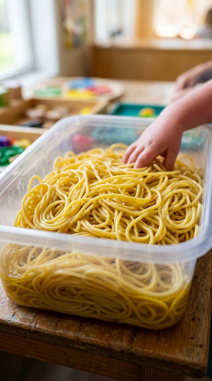 17 Sensory Bin Ideas That Use Stuff Already in Your Kitchen 19 Close-up of cooked and oiled spaghetti strands in a clear sensory bin.