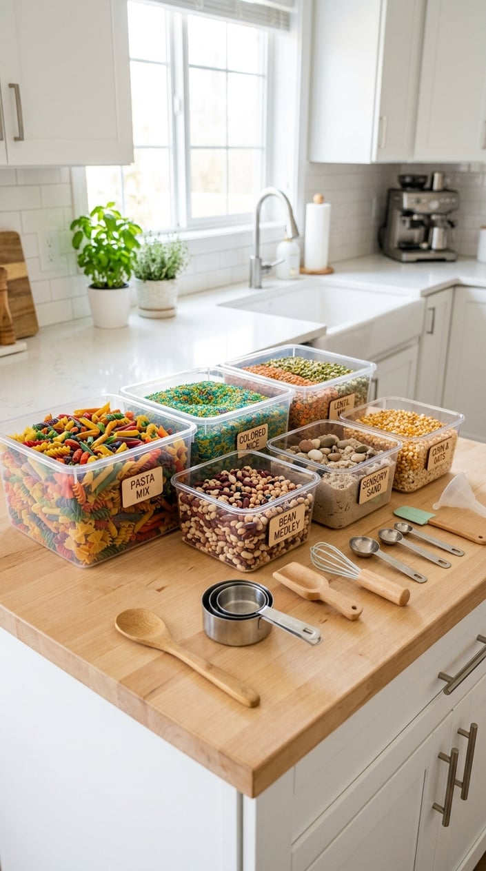 17 Sensory Bin Ideas That Use Stuff Already in Your Kitchen 20 A clean kitchen countertop with clear containers filled with dried pasta, rice, and beans, alongside small kitchen utensils for sensory play.