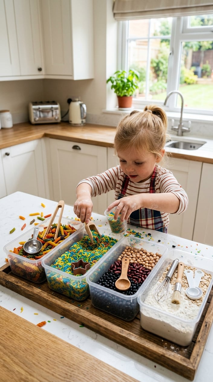 17 Sensory Bin Ideas That Use Stuff Already in Your Kitchen 21 A child's hands exploring sensory bins filled with dried pasta, rice, and kitchen utensils on a kitchen countertop.
