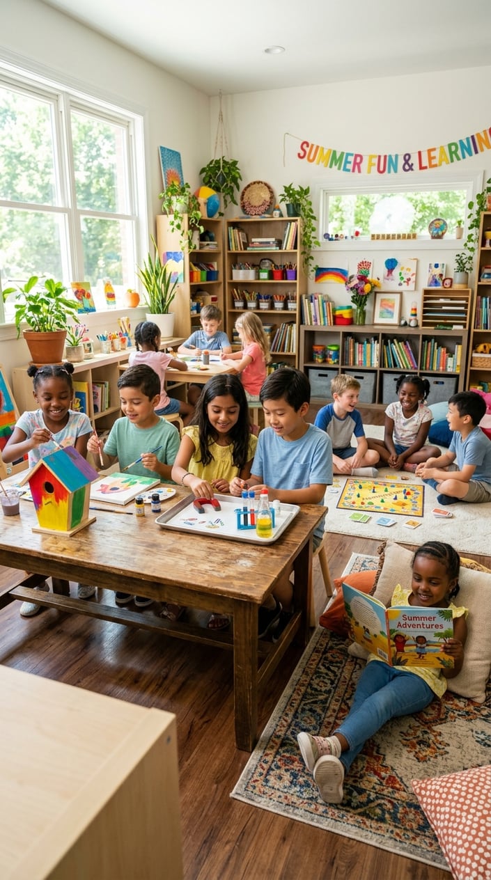 Children engaged in various indoor summer activities like painting, reading, and playing games in a bright room.