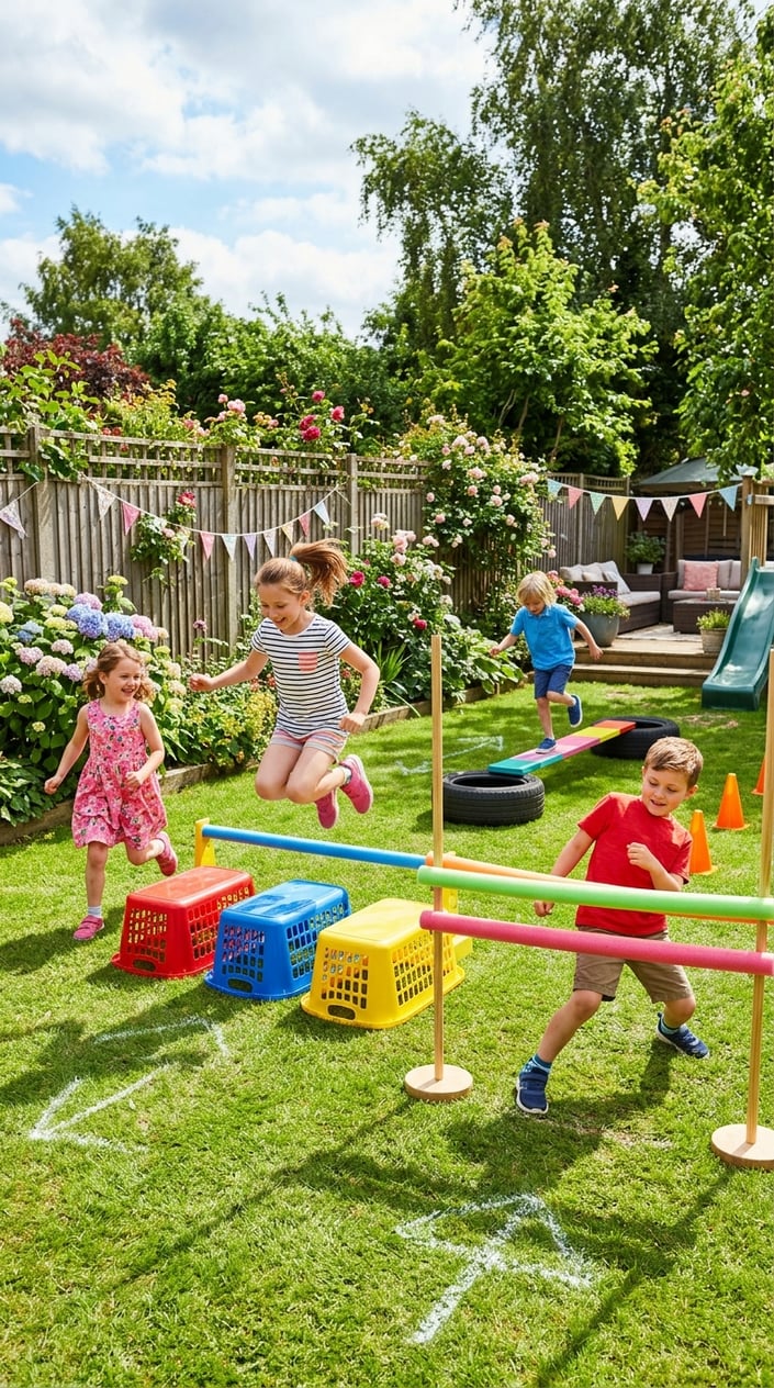 Children playing on a backyard obstacle course with laundry basket hurdles and a pool noodle limbo bar on a sunny day.