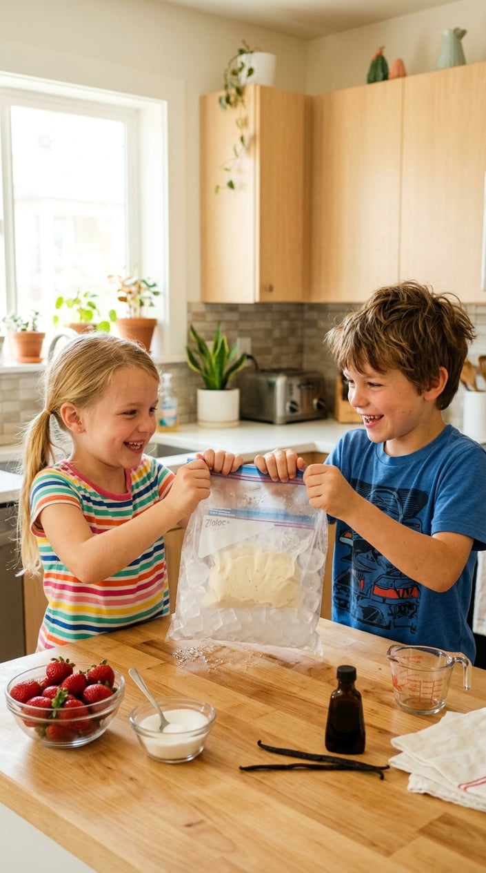 Two children shaking zip-top bags to make homemade ice cream in a bright kitchen.