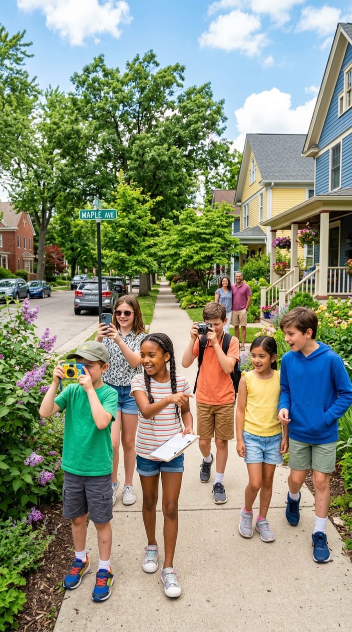 Children participating in a neighborhood scavenger hunt on a sunny day, taking photos and exploring the street together.