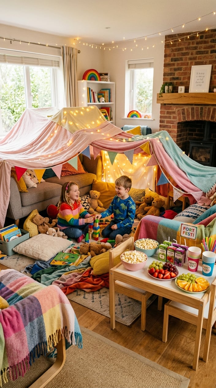 Children playing inside blanket forts in a living room decorated with string lights and a snack station.