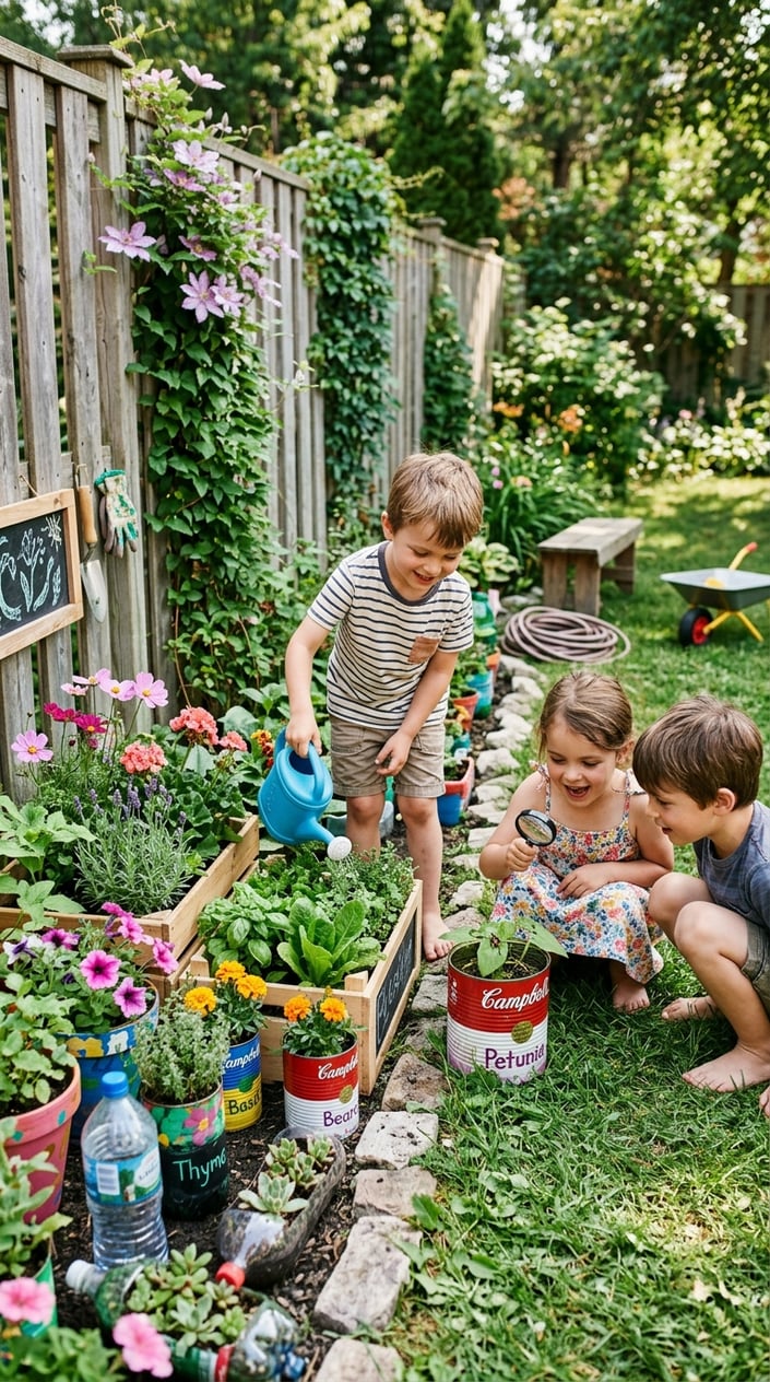 Children playing and gardening in a small backyard with plants growing in recycled containers on a sunny day.