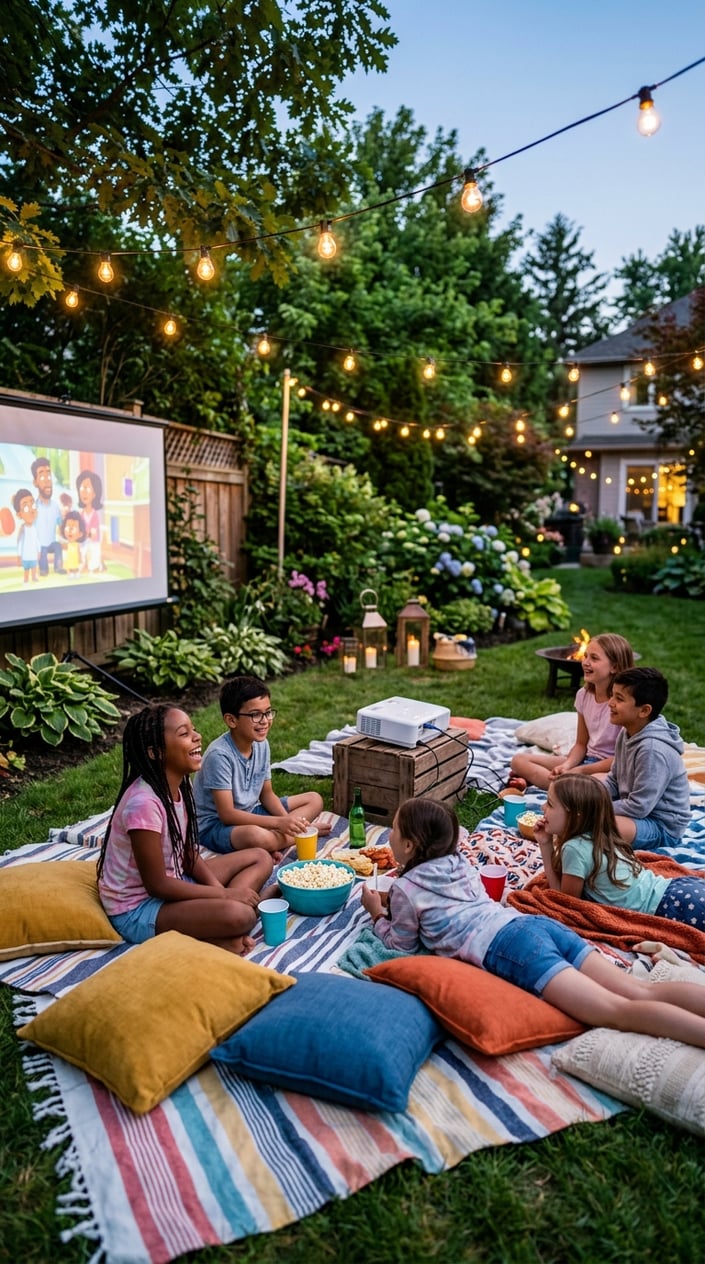 Children sitting on blankets in a backyard watching a movie projected on a screen with string lights overhead.