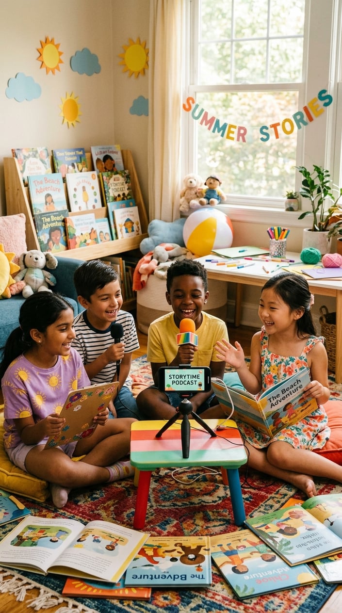 A group of children indoors recording a storytime podcast with a smartphone, surrounded by books and summer-themed decorations.