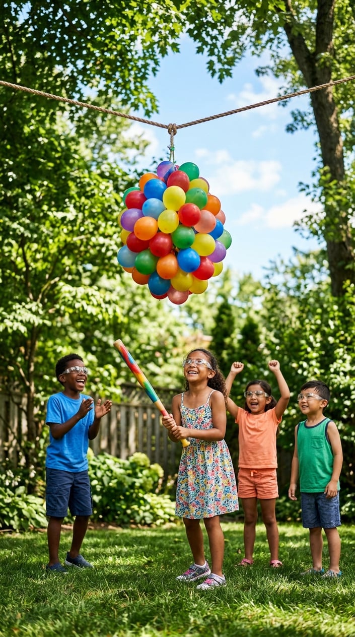 Children playing with a colorful water balloon piñata hanging outdoors on a sunny day.