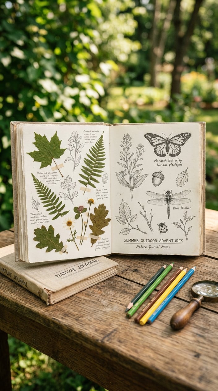 An open nature journal with pressed leaves and botanical sketches on a wooden table, accompanied by colored pencils and a magnifying glass.