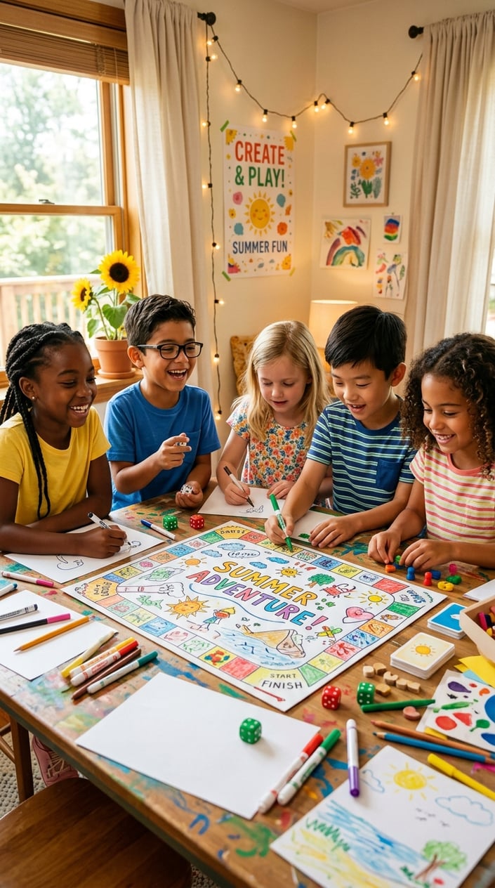 A group of children sitting around a table indoors, creating a board game together with art supplies and game pieces.