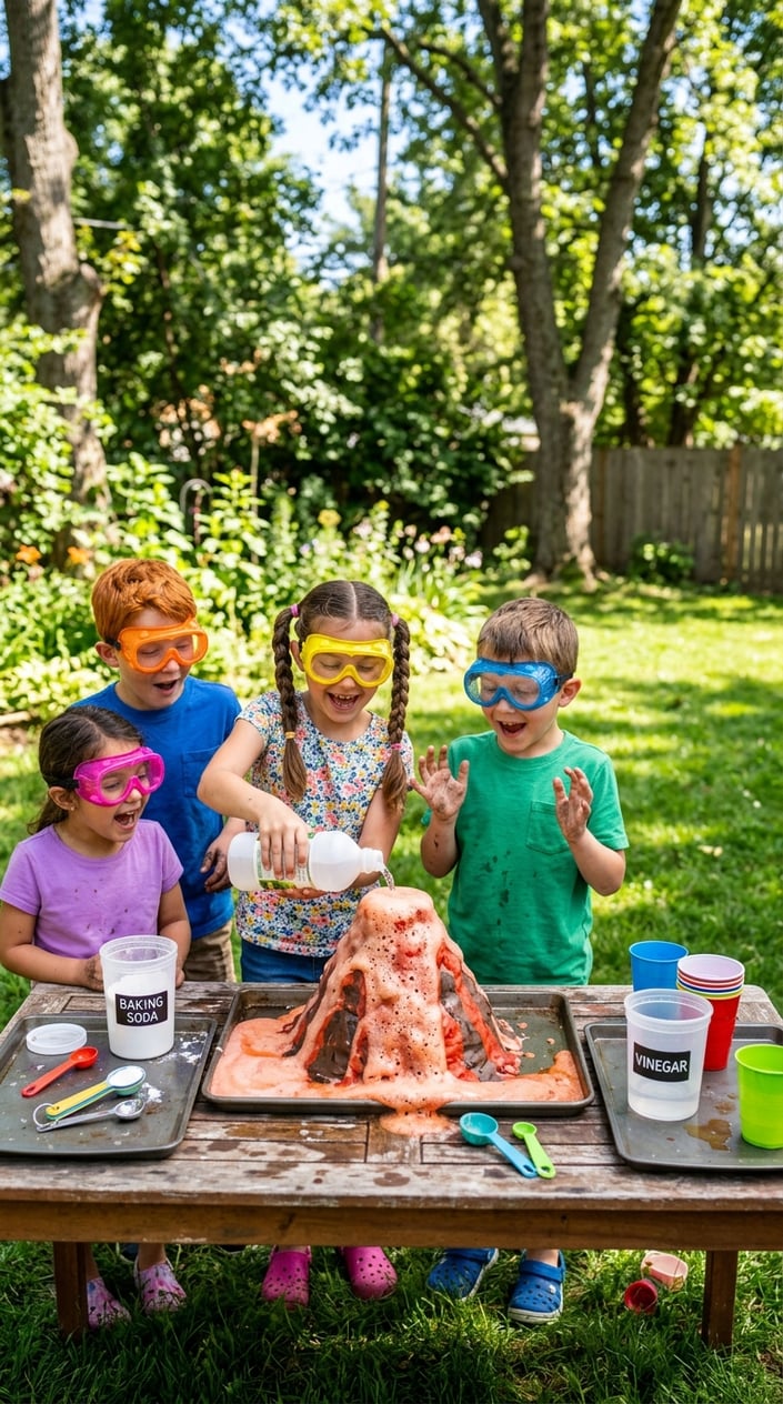 Children outdoors making baking soda volcanoes erupt during a summer science activity.