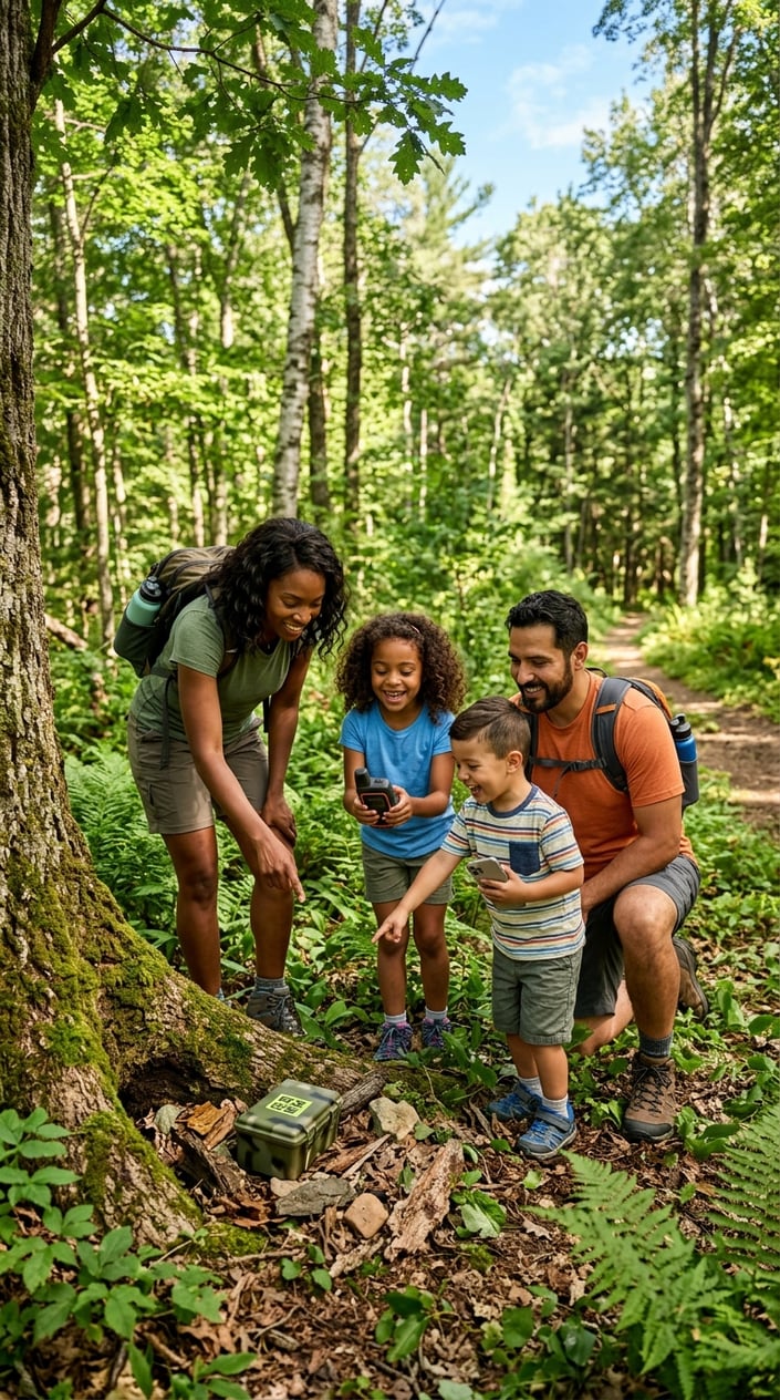 A family of parents and children outdoors in a green park searching for a hidden geocache container using GPS devices on a sunny summer day.