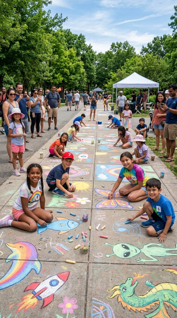 Children drawing colorful chalk murals on a sidewalk during a sunny summer day with adults watching nearby.