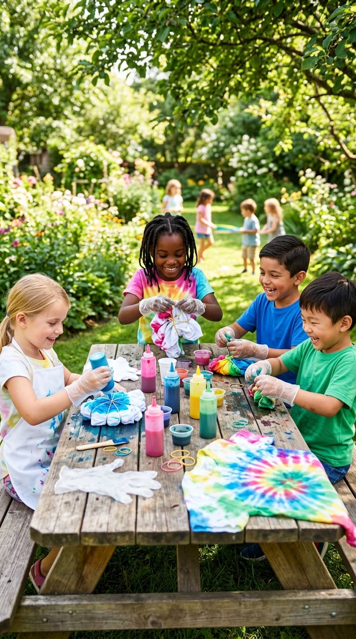 Children sitting around a table outdoors, making colorful tie-dye t-shirts using rubber bands and fabric dyes.