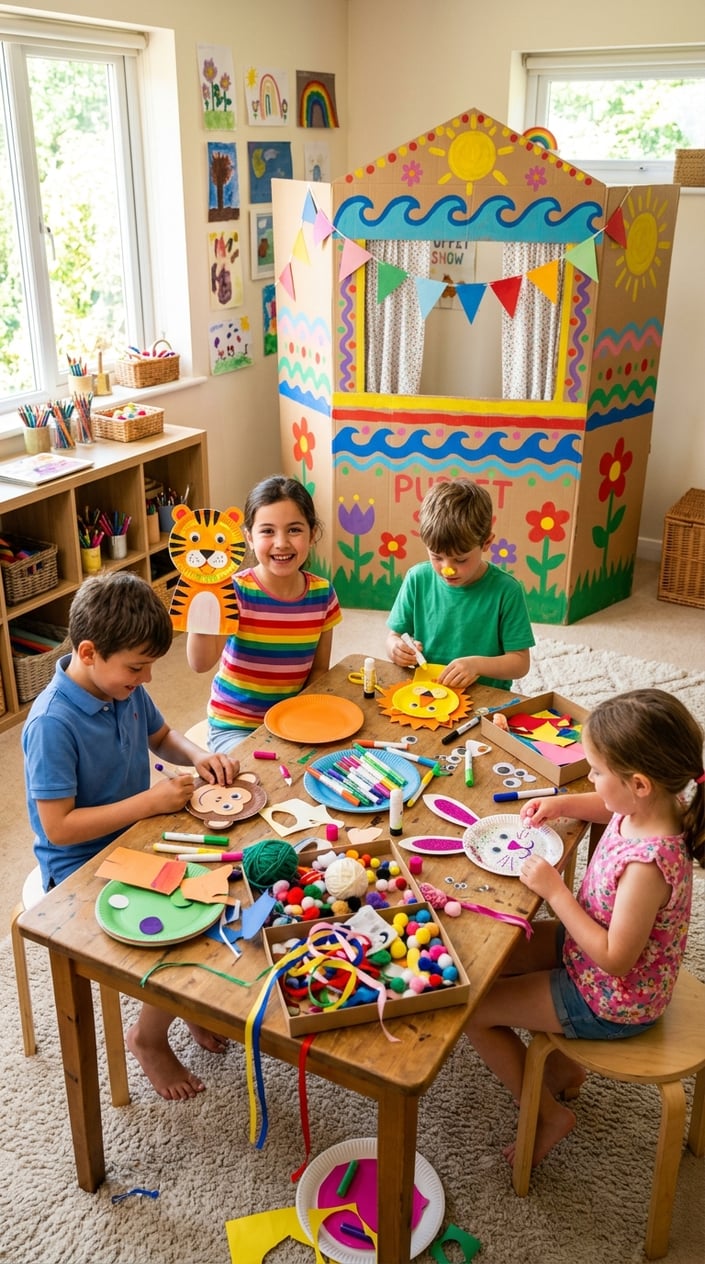 Children making paper plate puppets and playing with a homemade puppet theater indoors.