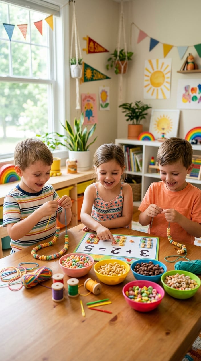 Children sitting at a table making cereal necklaces and playing a math game with cereal pieces.