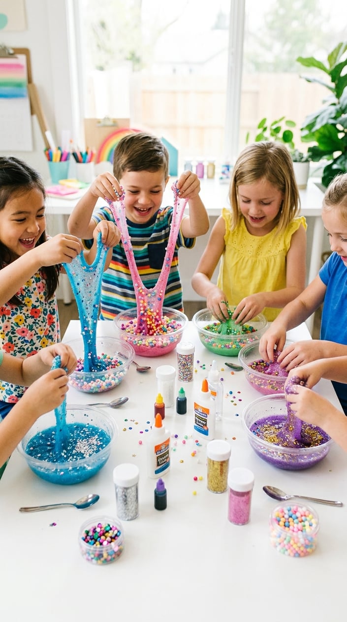 Children's hands mixing colorful homemade slime with glitter and beads on a white table.