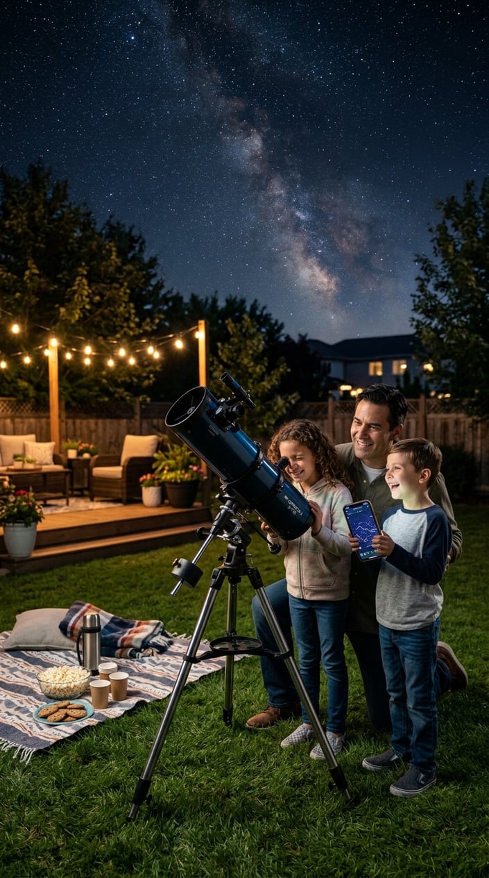 A family in a backyard at night using a telescope and a smartphone star map app to observe stars in the clear night sky.