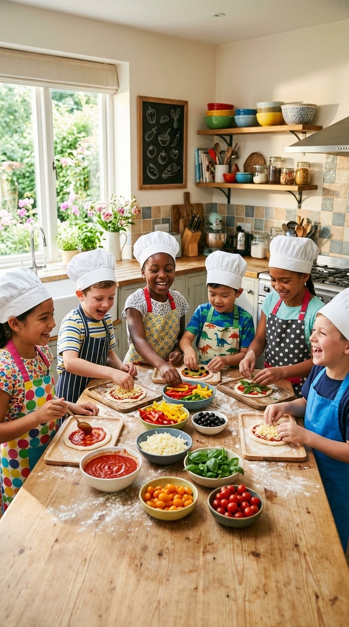 Children happily making mini pizzas together around a kitchen table with fresh ingredients.