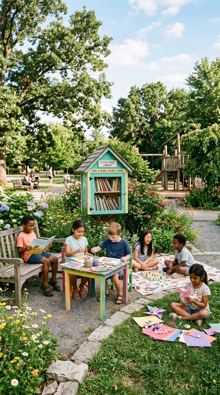 Children enjoying various summer activities near a small neighborhood library box in a sunny park.