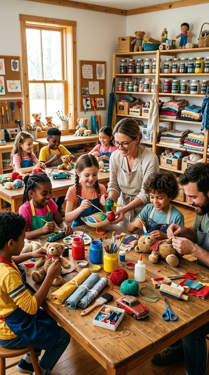 Children and adults working together to paint and repair old toys in a bright, colorful craft room.