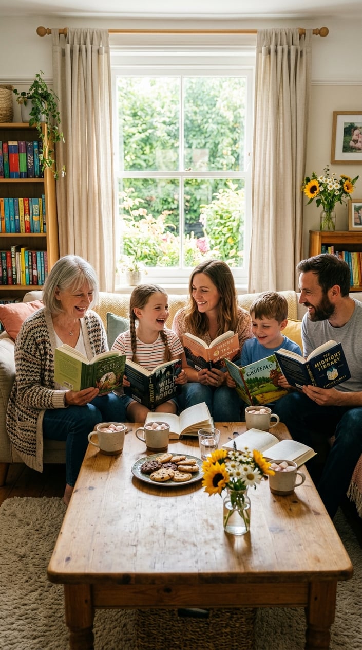 A family of three generations sitting around a table reading books and drinking hot cocoa together indoors.