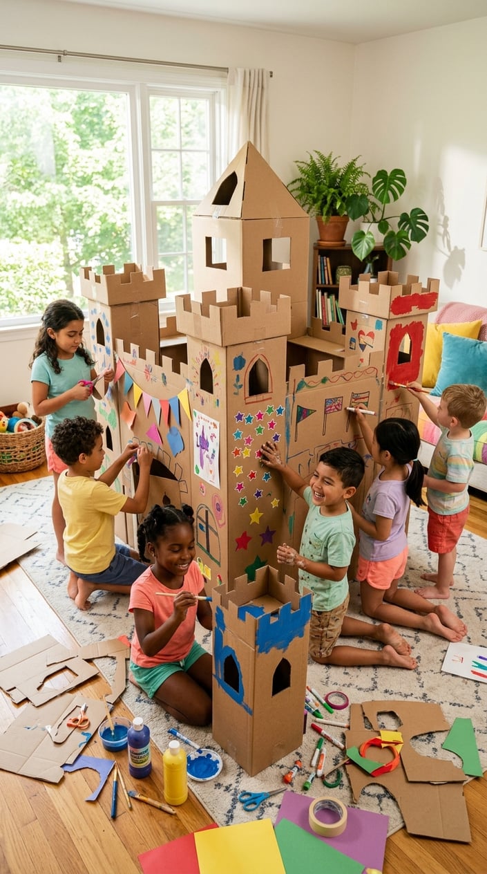 Children building and decorating a large cardboard castle indoors with art supplies around them.