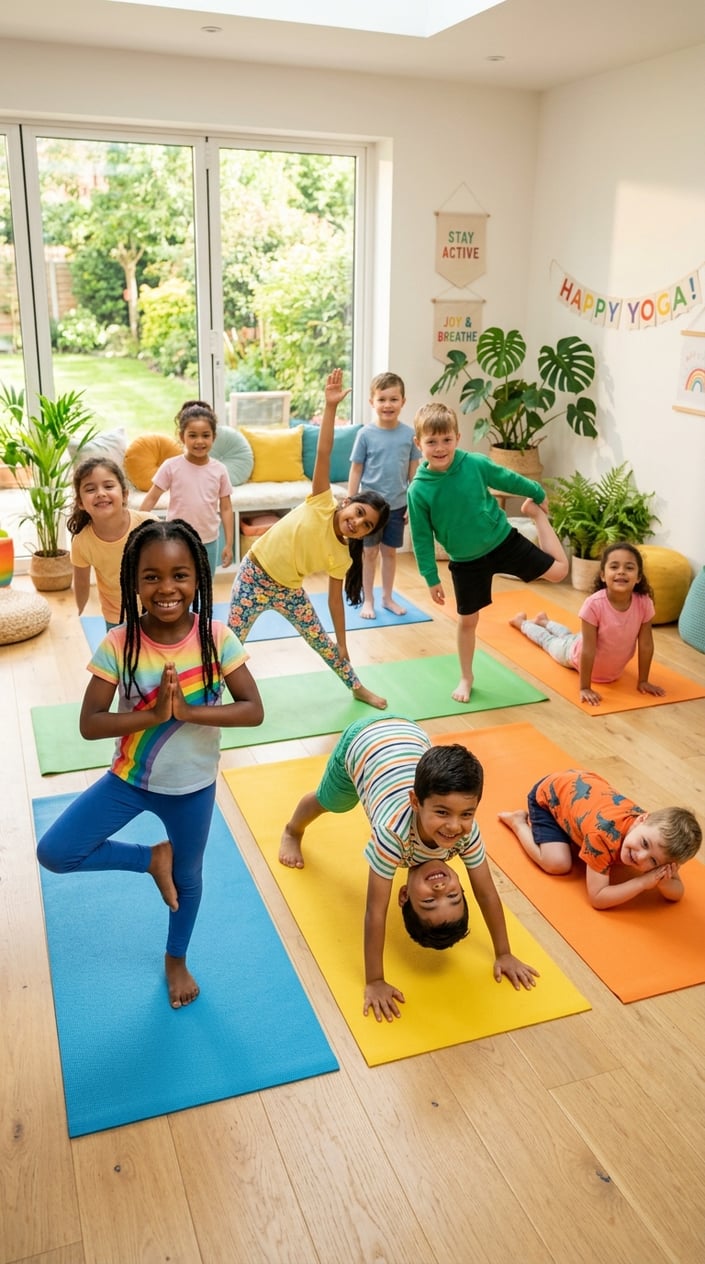 A group of young children practicing simple yoga poses together indoors on colorful mats.