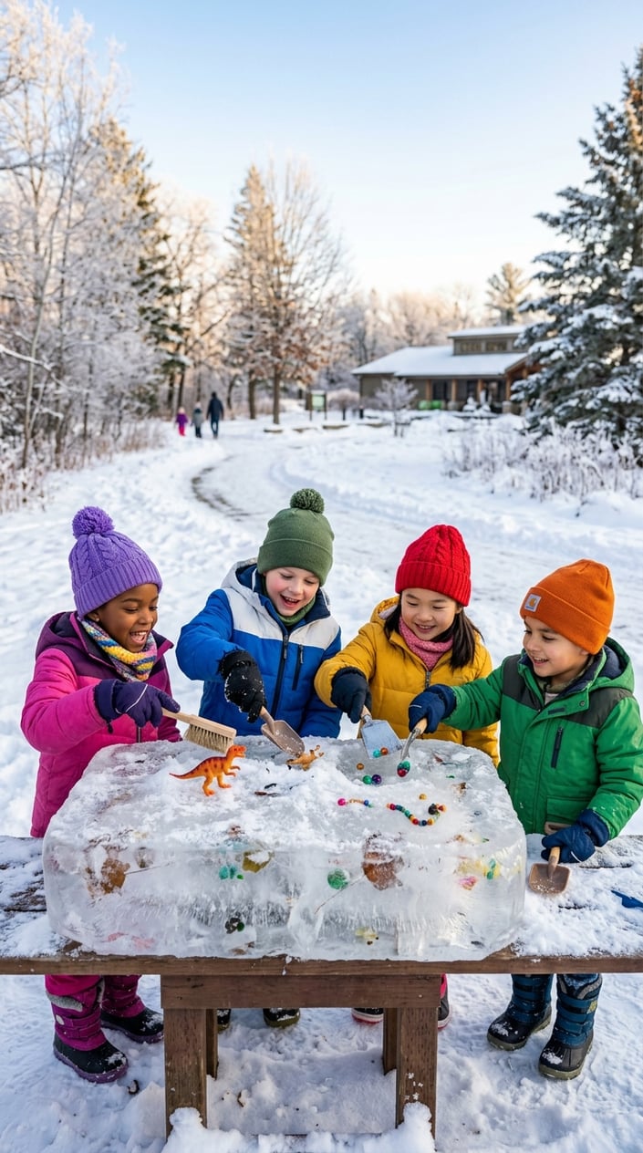 Children dressed in winter clothes excavating ice blocks outdoors, discovering hidden objects in the snow.