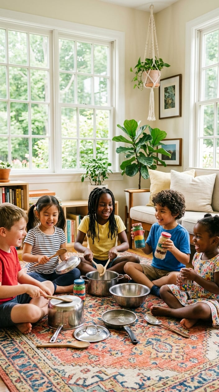 Children playing music indoors using pots, spoons, and rice shakers, sitting on a colorful rug in a sunlit living room.